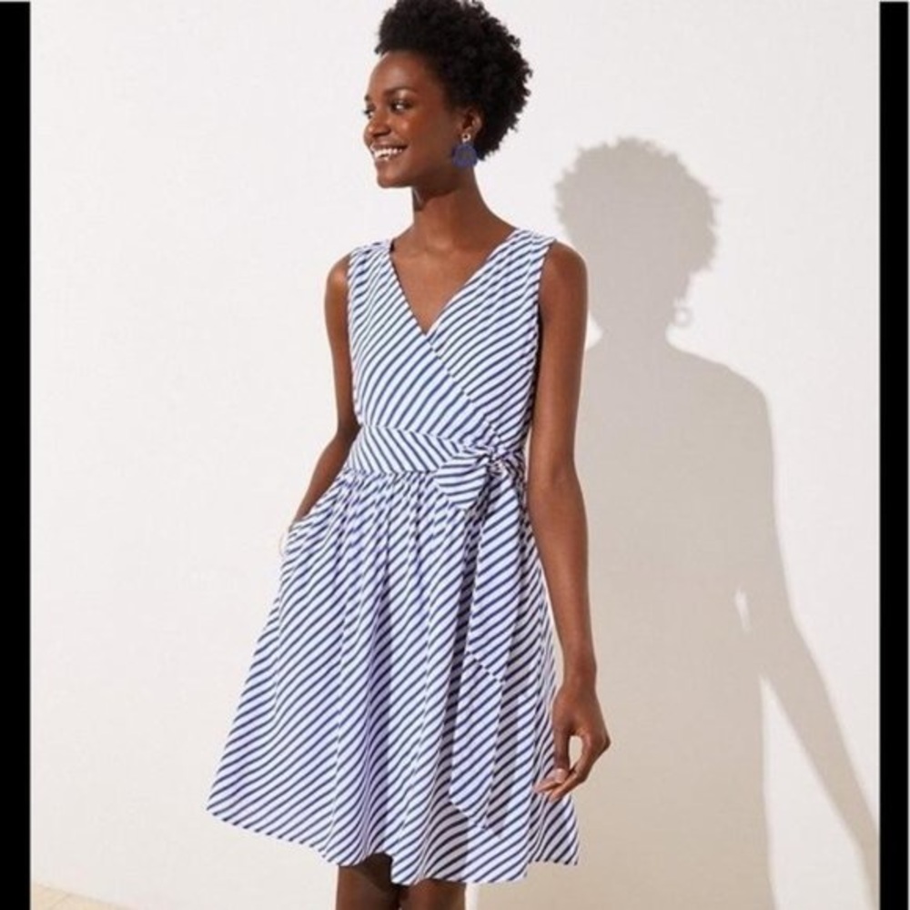 Loft Striped Belted Fit & Flare Wrap Dress